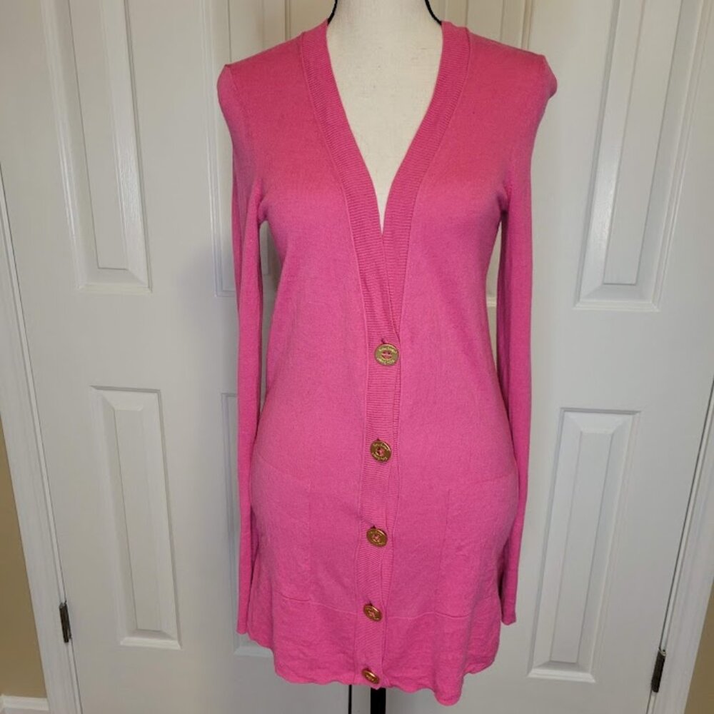 Lilly Pulitzer Pink Wool Blend Long Cardigan Gold Buttons Small